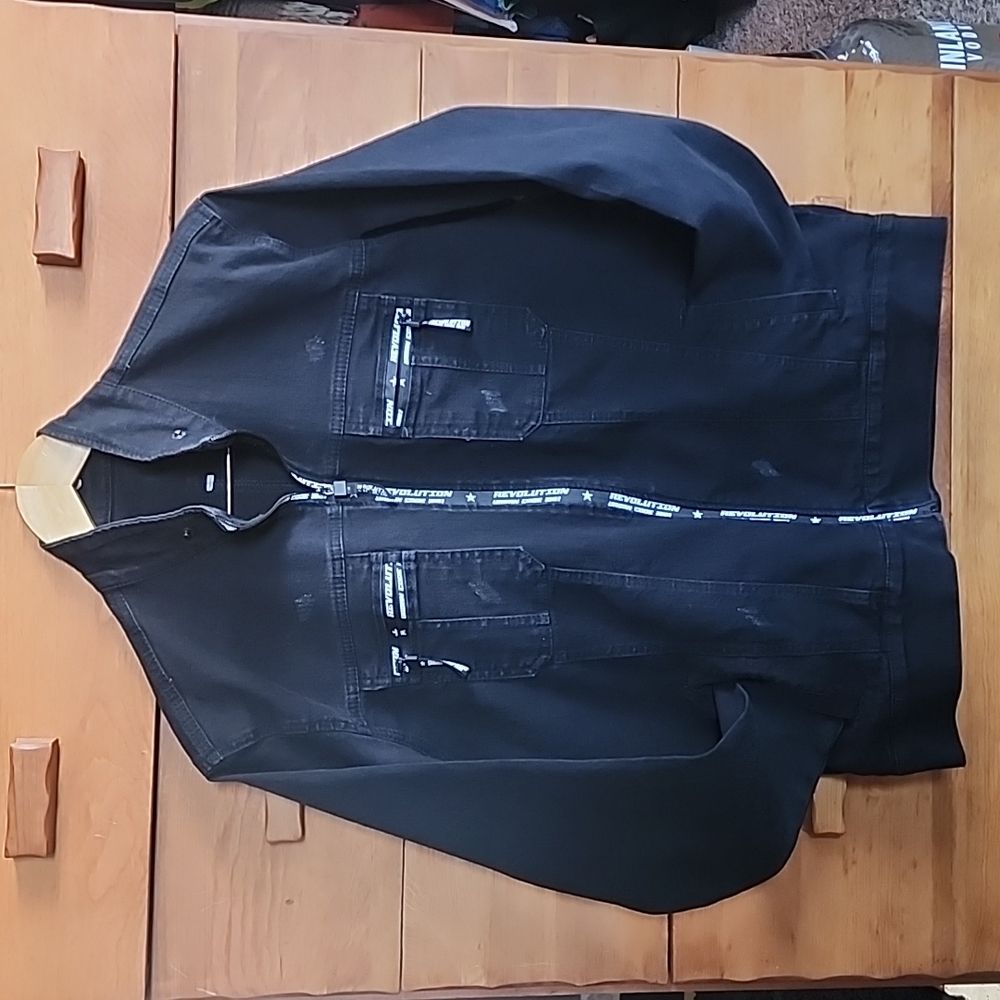 Revolution: Denim full-zip Bomber Jacket, Black w/ White-graphic, Men's XL